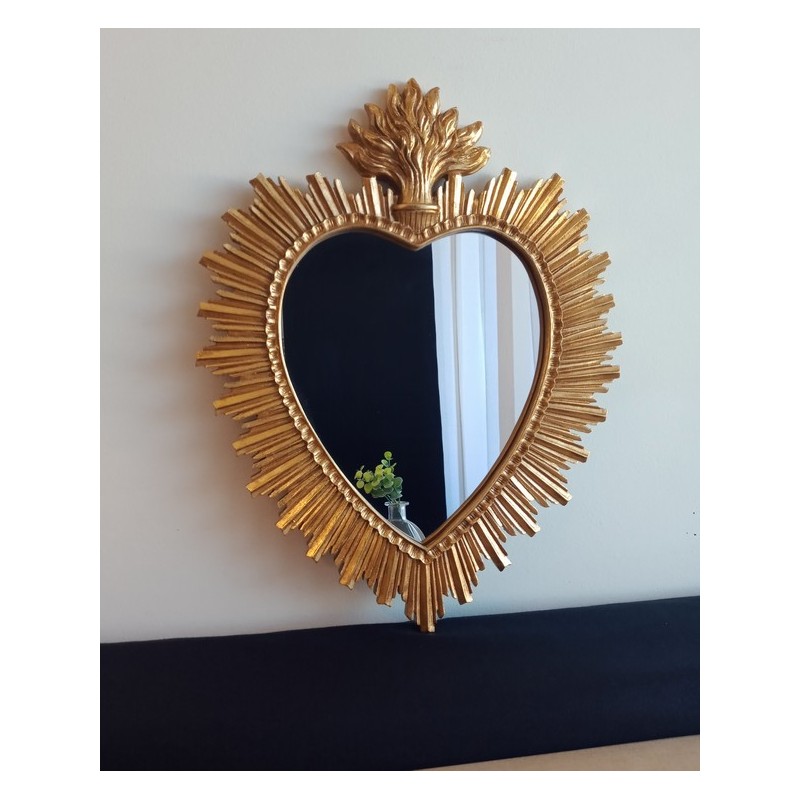 Miroir ex voto coeur soleil doré  taille L