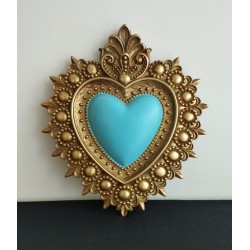 Décoration murale grand ex voto coeur fleur de lys turquoise