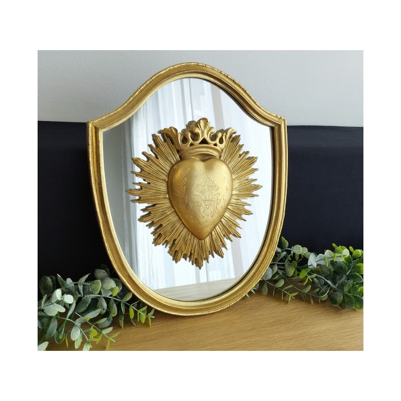 Cadre miroir ex voto coeur couronne gravé or