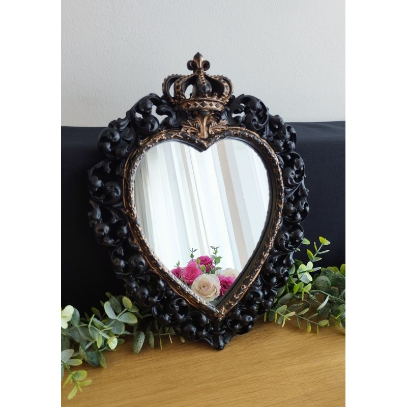 Miroir ex voto coeur couronne noir patine or