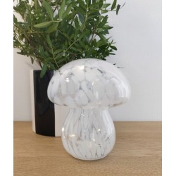 Lampe décorative champignon en verre tachetée blanche à piles