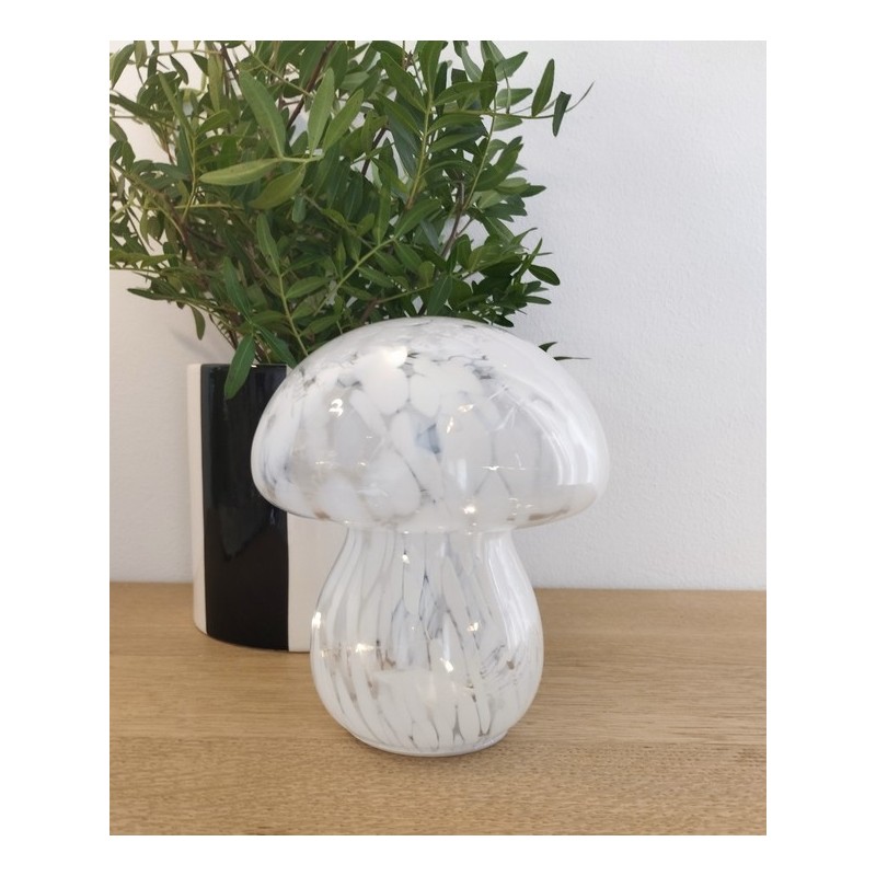 Lampe décorative champignon en verre tachetée blanche à piles