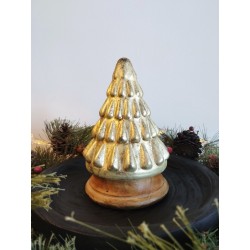 Décoration sapin de noël en verre teinte or pâle marbré et bois ø13x19 Taille S