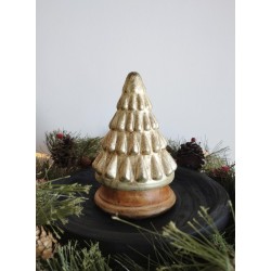 Décoration sapin de noël en verre teinte or pâle marbré et bois ø13x19 Taille S