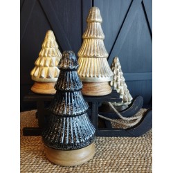 Décoration sapin de noël en verre teinte or et bois ø13x25