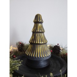 Décoration sapin de noël en verre teinte noir, or jaune et bois ø14x25