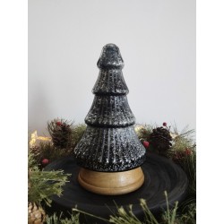 Décoration sapin de noël en verre teinte noir, blanc et bois ø13x24