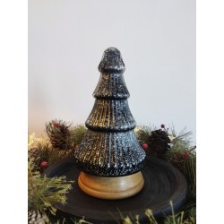 Décoration sapin de noël en verre teinte noir, blanc et bois ø13x24