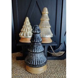 Décoration sapin de noël en verre teinte noir, blanc et bois ø13x24