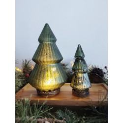 Décoration sapin de noël luminineux en verre et métal teinte vert et doré ø7x16