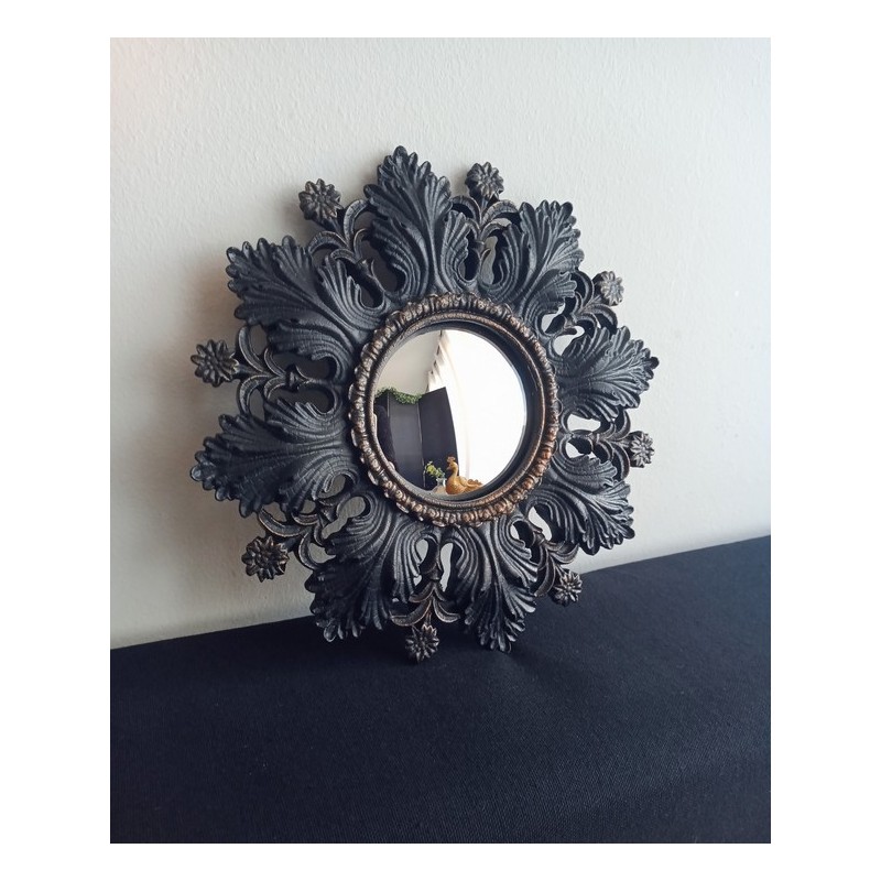 Miroir convexe fleur baroque noir et or